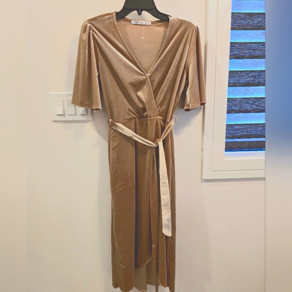 Elegant Tan Midi Wrap Dress - Picture 2 of 4